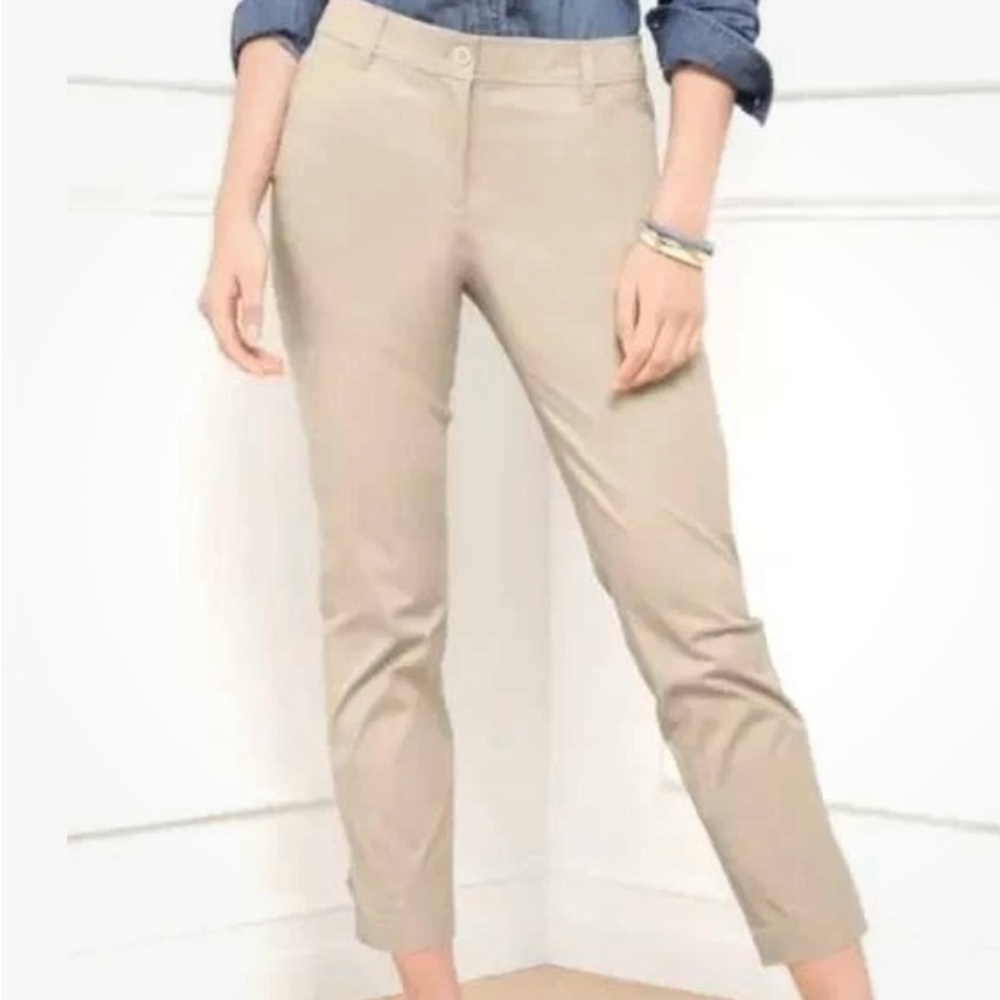 Talbots Perfect Crop Stretch Cotton Pant Button Tab Hem Womens 10 Casual Neutral